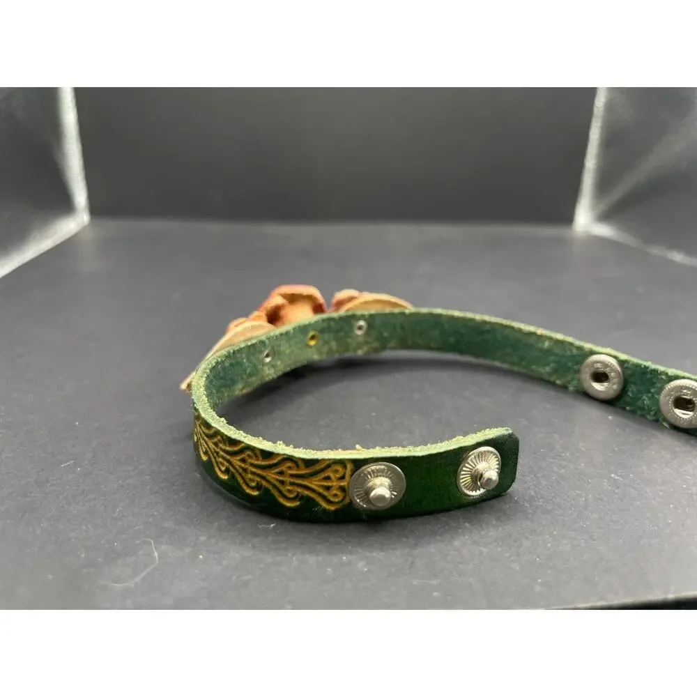 Vintage Guang Tong Signed Bohemian Leather Flower Bracelet With Snap